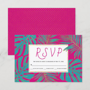Teal, gold tropical leaves magenta pink wedding RSVP card