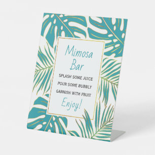 Teal, gold tropical leaves wedding bridal shower pedestal sign