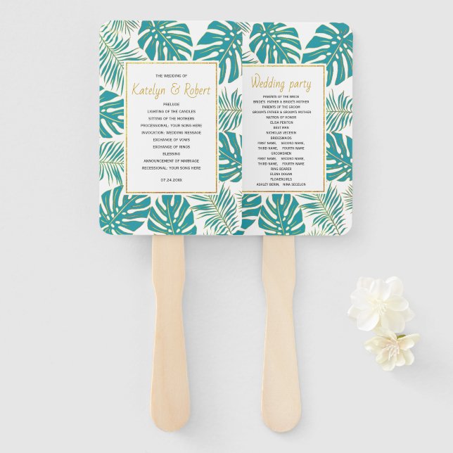 Teal gold tropical leaves wedding program hand fan (Front and Back)