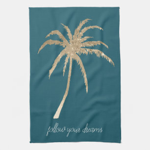 Teal Gold Tropical Palm Trees Tea Towel