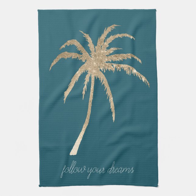 Teal Gold Tropical Palm Trees  Tea Towel (Vertical)