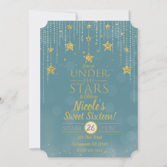 Teal & Gold Under The Stars Starry Sweet 16 Invitation (Front)