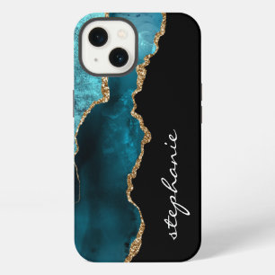 Teal Gold Watercolor Agate Personalised iPhone 13 Case