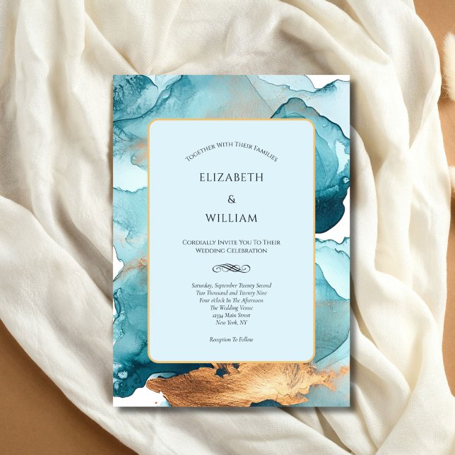 Teal Gold Watercolor Alcohol Ink Modern Wedding Invitation (Teal Blue Gold Watercolor Wash Alcohol Ink Modern Elegant Wedding Invitation. Printed or Digital )