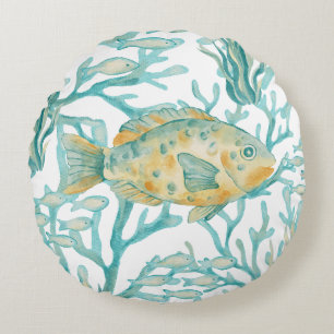 Teal Gold Watercolor Fish Round Cushion