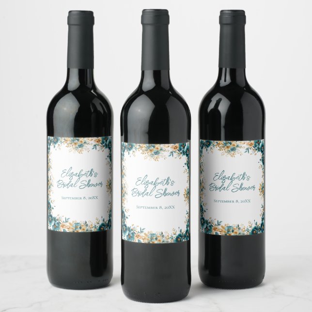 Teal Gold Watercolor Floral Bridal Shower Wine Label (Bottles)