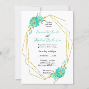 Teal Gold Watercolor Floral Geometric Dots Invitation