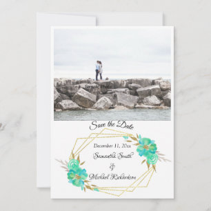 Teal Gold Watercolor Floral Geometric Dots White Save The Date
