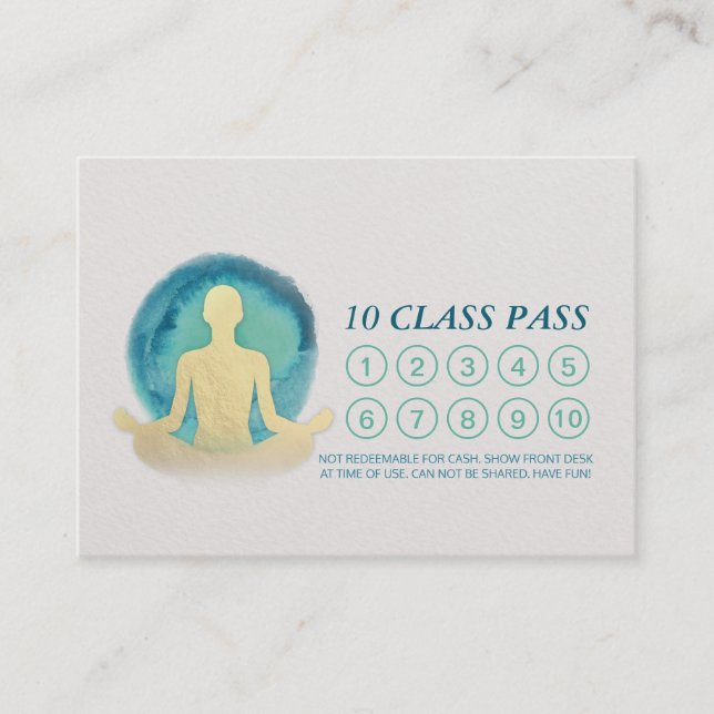 Teal & Gold Watercolor YOGA Class Pass Appointment Loyalty Card (Front)