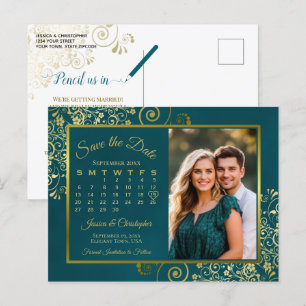 Teal & Gold Wedding Save the Date Calendar & Photo Announcement Postcard