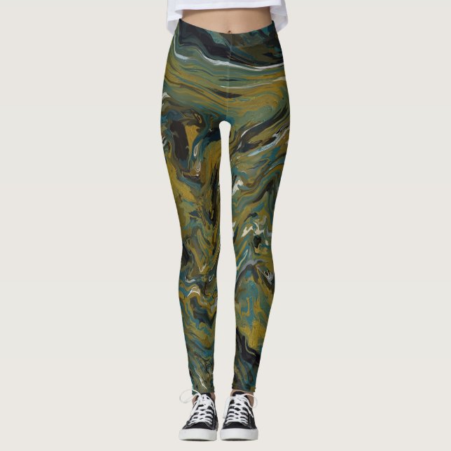 Teal, Gold, White and Black Oils  Leggings (Front)