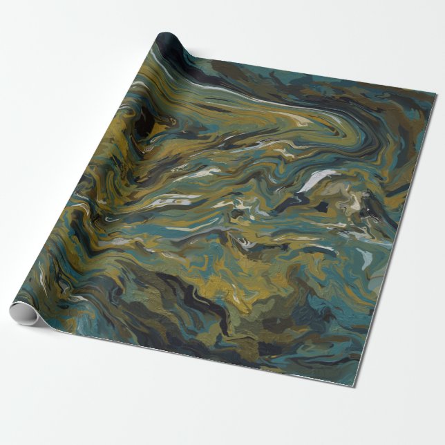 Teal, Gold, White and Black Oils Wrapping Paper (Unrolled)