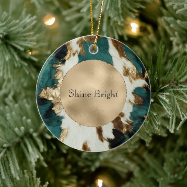 Teal Gold White Cowhide Ceramic Ornament (Tree)