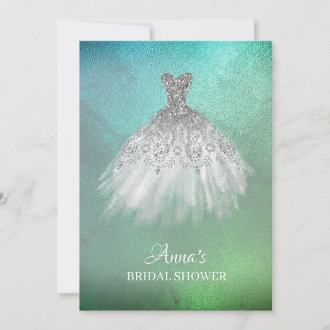 *~* Teal Gold White Gown Dress Bridal Shower Invitation (Front)