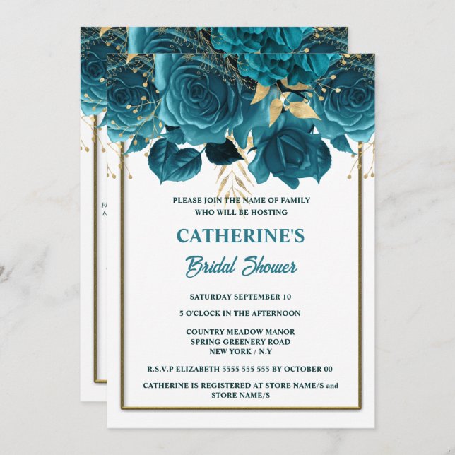 Teal gold white rose watercolor bridal shower  invitation (Front/Back)