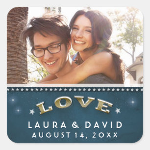 Teal Gold & White Stars Love PHOTO Wedding Square Sticker