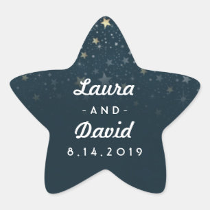 Teal Gold & White Stars Wedding Names & Date Star Sticker