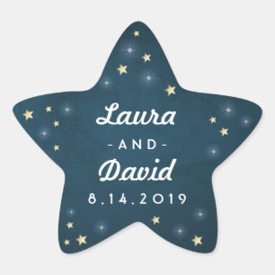 Teal Gold & White Stars Wedding Names & Date Star Sticker
