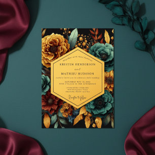 Teal Golden Floral Night Wedding Invitation