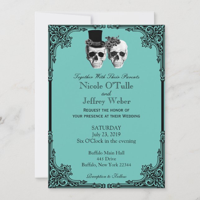 Teal Goth Sugar Skull Wedding Invitation (Front)