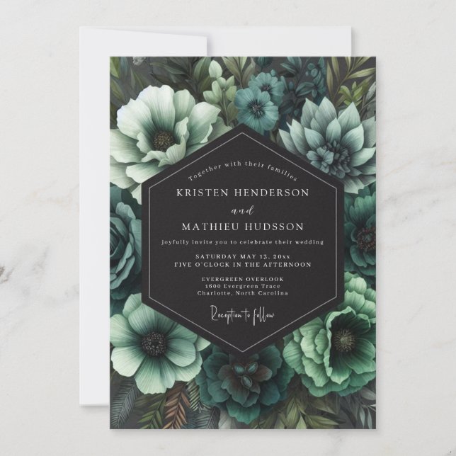 Teal Gothic Bloom Wedding Invitation (Front)
