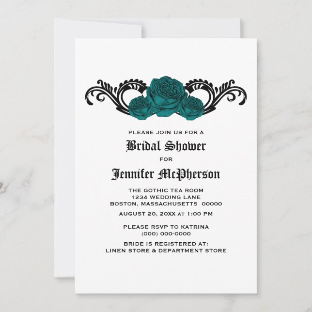 Teal Gothic Swirl Roses Bridal Shower Invite (Front)