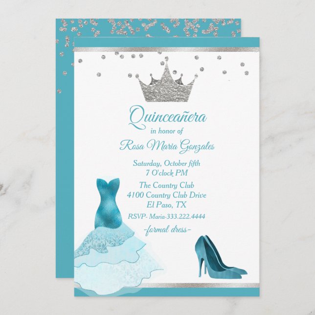 Teal Gown and Heel with Silver Crown Quinceanera   Invitation (Front/Back)