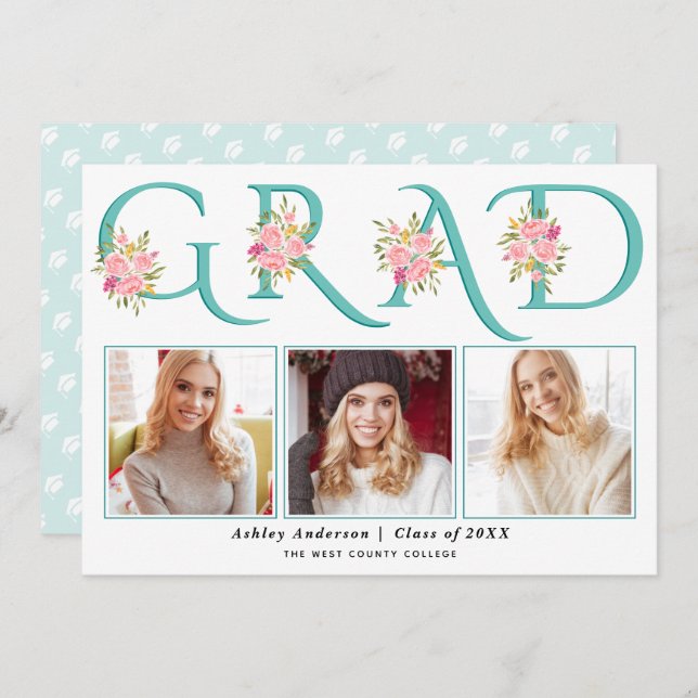 Teal GRAD pink roses photo 2024 graduation Announcement (Front/Back)