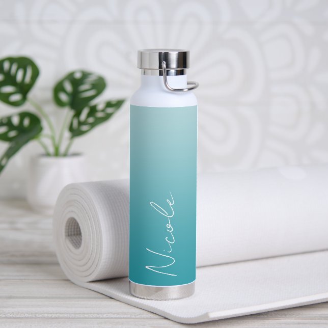 Teal Gradient Handwriting Script Personalised Water Bottle (Yoga)