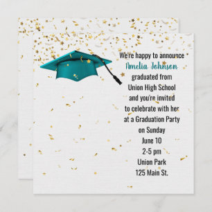 Teal Graduation Cap with Gold Confetti  Invitation