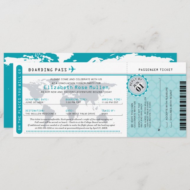 Teal Graduation World Traveller Boarding Pass Invitation (Front/Back)