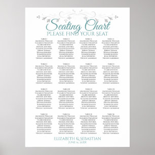Teal & Gray 16 Table Wedding Seating Chart