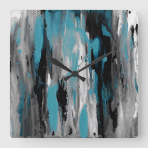 Teal Gray Black and White Abstract Square Wall Clock