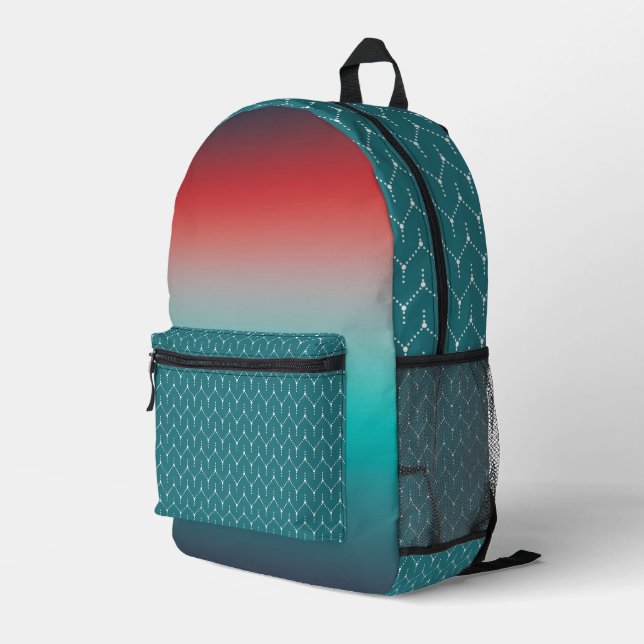 TEAL GRAY BLACK RED OMBRE & GEOMETRIC PATTERNS PRINTED BACKPACK (Back Corner Right)