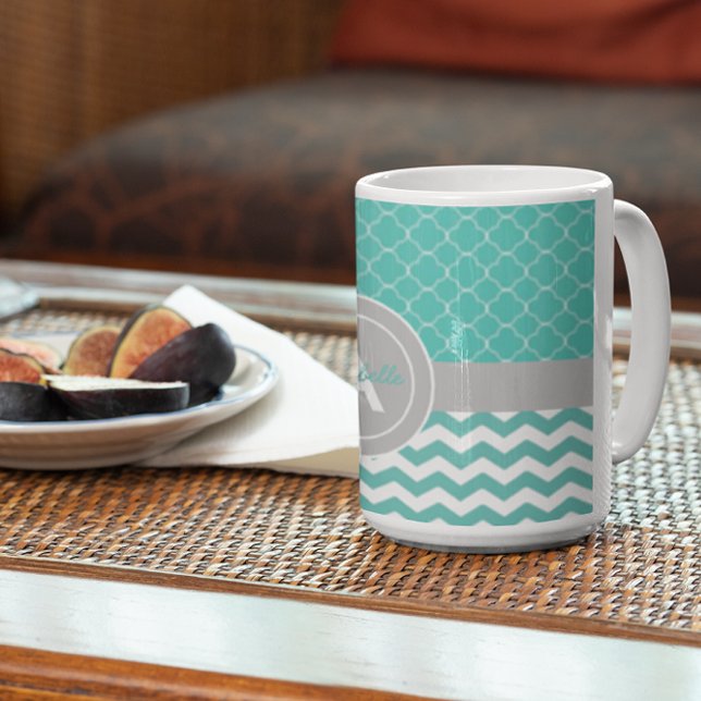 Teal Gray Chevron Quatrefoil Coffee Mug (Creator Uploaded)
