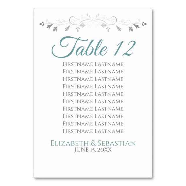 Teal & Gray Elegant Flourish Wedding Seating Chart Table Number (Front)