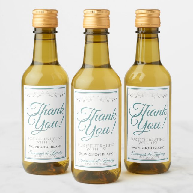 Teal & Gray Elegant Wedding Thank You Mini Wine Label (Bottles)