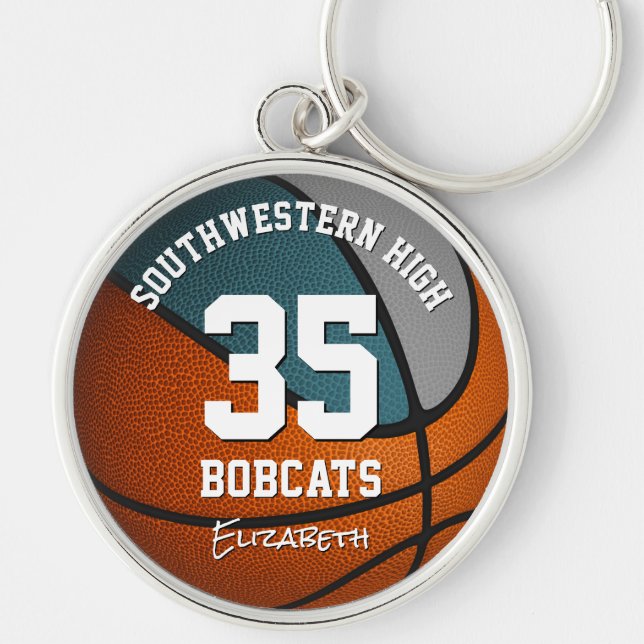 teal gray girls boys basketball team mascot name key ring (Front)