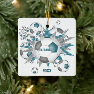 teal gray soccer ball blowout girls sports ceramic ornament