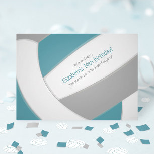 teal gray volleyball kids birthday team party invitation