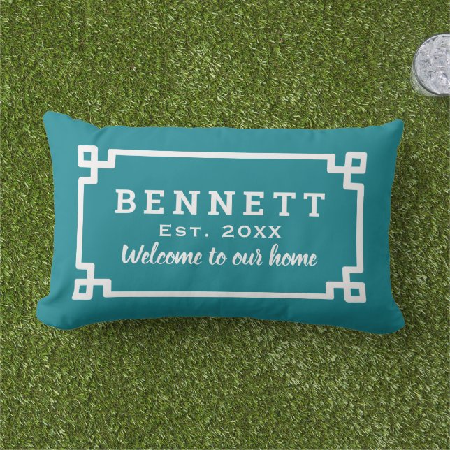 Teal Greek Key Custom Monogram Welcome Lumbar Cushion (Grass)