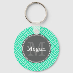 Teal Greek Key Grey Monogram Ring
