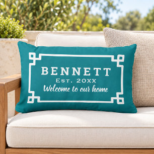 Teal Greek Key Monogram Welcome Lumbar Cushion