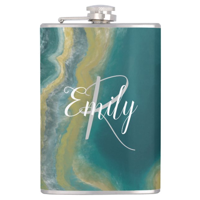 Teal Green Agate Marble Abstract Name Monogram Hip Flask (Front)