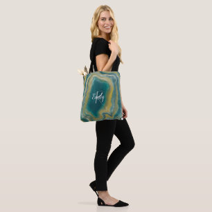 Teal Green Agate Marble Abstract Name Monogram Tote Bag