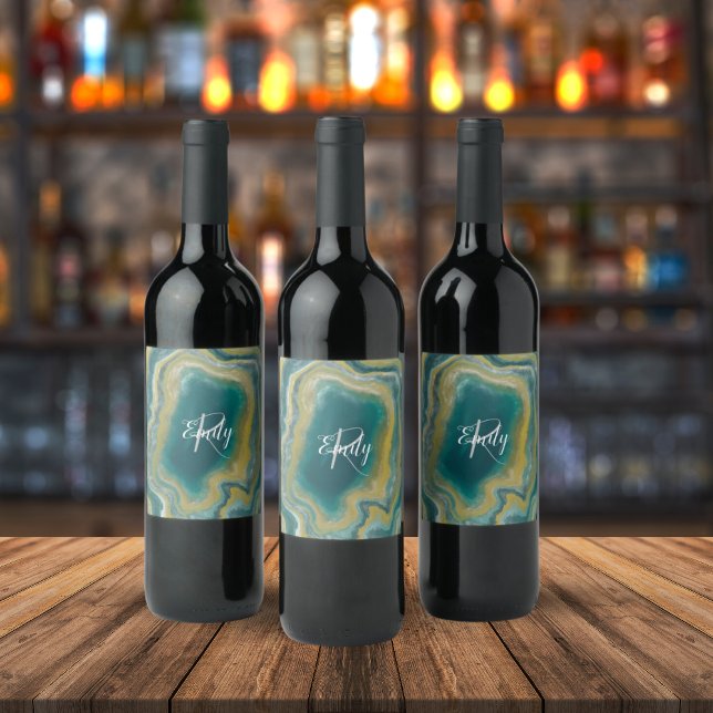 Teal Green Agate Marble Abstract Name Monogram Wine Label (Creator Uploaded)