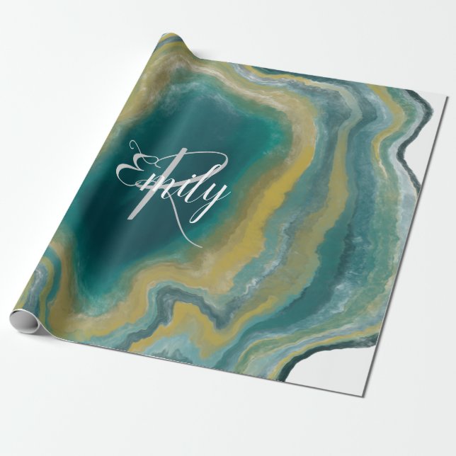 Teal Green Agate Marble Abstract Name Monogram Wrapping Paper (Unrolled)