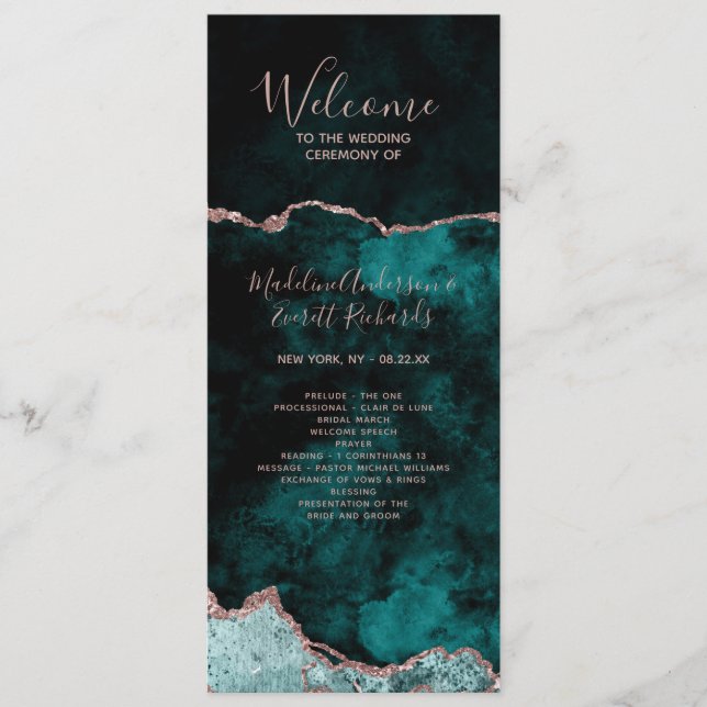 Teal Green Agate Order of Services Wedding Program (Front)