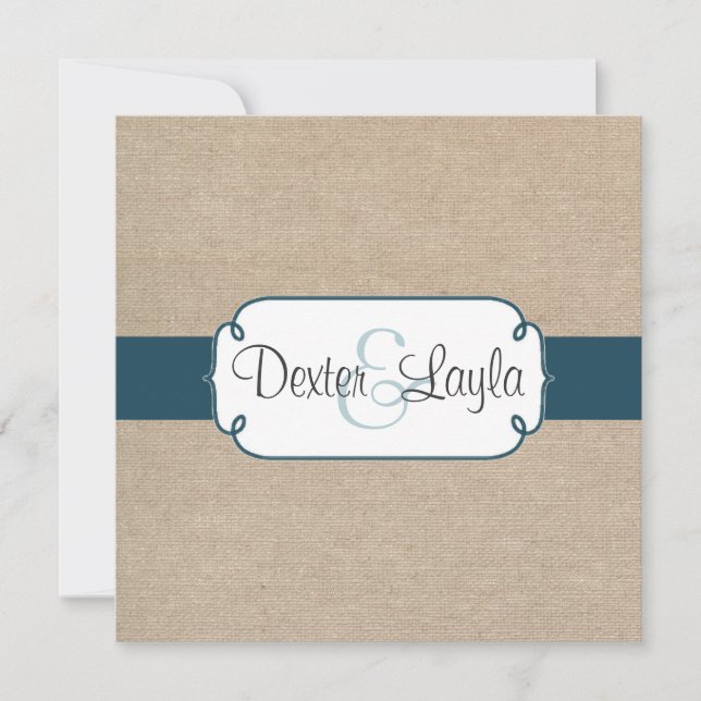 Teal Green and Beige Burlap Wedding Invitation (Front)