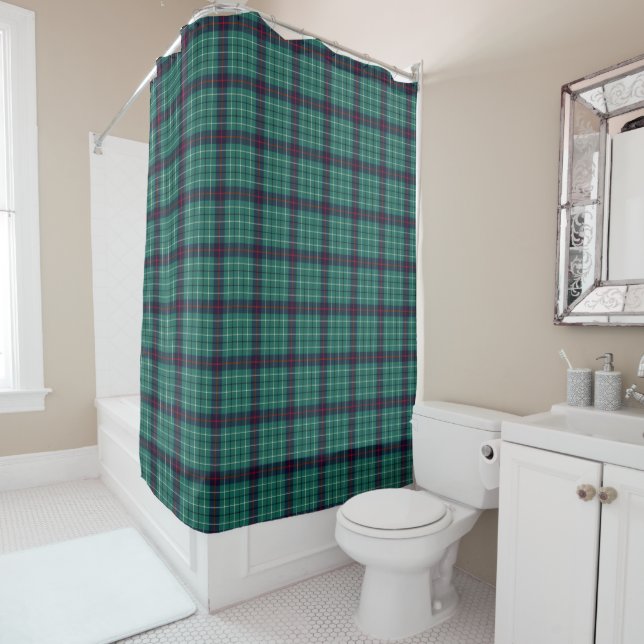 Teal Green and Blue Duncan Scottish Tartan Shower Curtain (In Situ)